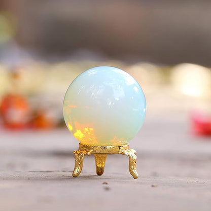 Crocon 45mm Opalite Stone Sphere Ball with Metal Stand 1400+ Carats Gemstone Ball Healing Sphere Sculpture Figurine for Fengshui Divination Home Decoration Photography Crystal Sphere