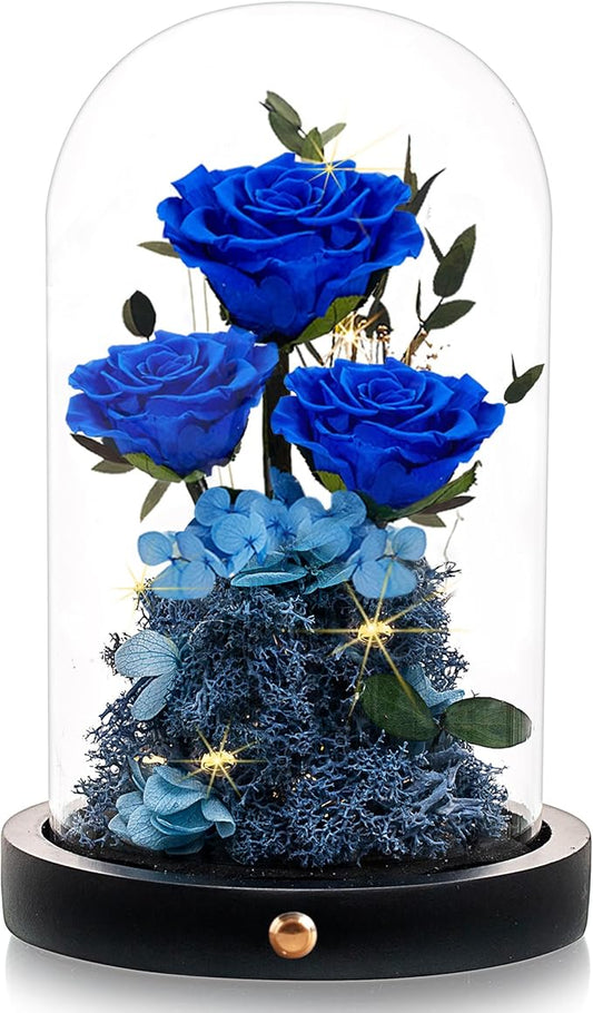 Valentines Day Flowers Roses Gifts for Her,Forever Real Preserved Roses in Glass Dome,Valentines Day Anniversary Birthday Gifts for Wife Girlfriend Women Mom Best Friend Her/Blue Rose