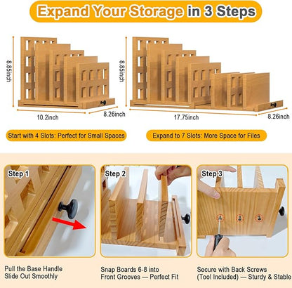 AO LI GEI Wood File Mail Organizer,Expandable Desktop Organizer Paper Sorter Pull Out from 4 to 7 Slots with Hanging Storage Box & Phone Stand,File Holders for Office Desk Home & School ﻿