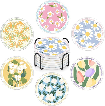 6-Piece Ceramic Coaster Set with Tray Diameter: 3.94 in Thickened Absorbent Material Heat-Resistant and Water-Absorbent Coaster Set Suitable for All Types of Cups， Flowers
