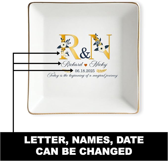 Custom Newlywed Jewelry Tray Gift for Bride and Groom, Personalized Mr and Mrs Ring Dish, Engagement Ceramic Trinket Plate, Gift for Wedding Keepsake, Romantic Ring Holder for Couples
