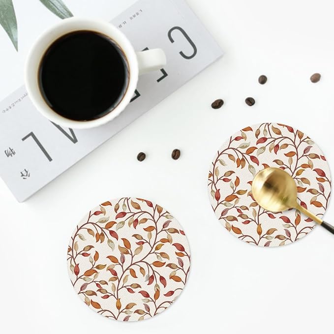 Fall Leaves Coaster Set of 4 Autumn Cup Coasters for Drinks Thanksgiving Harvest Waterproof Wipeable PVC Round Coasters Mat for Coffee Beer Wine Outdoor Patio Table Bar Desk Seasonal Desk Decor