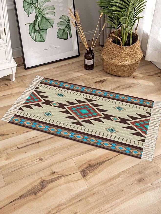 Boho Southwestern Entryway Rug 2X3 Ft Bathroom Mat, Washable Woven Aztec Abstract Geometric Throw Carpet with Tassel, Non-Shedding Vintage Native American Patterned Indoor Outdoor Kitchen Doormats