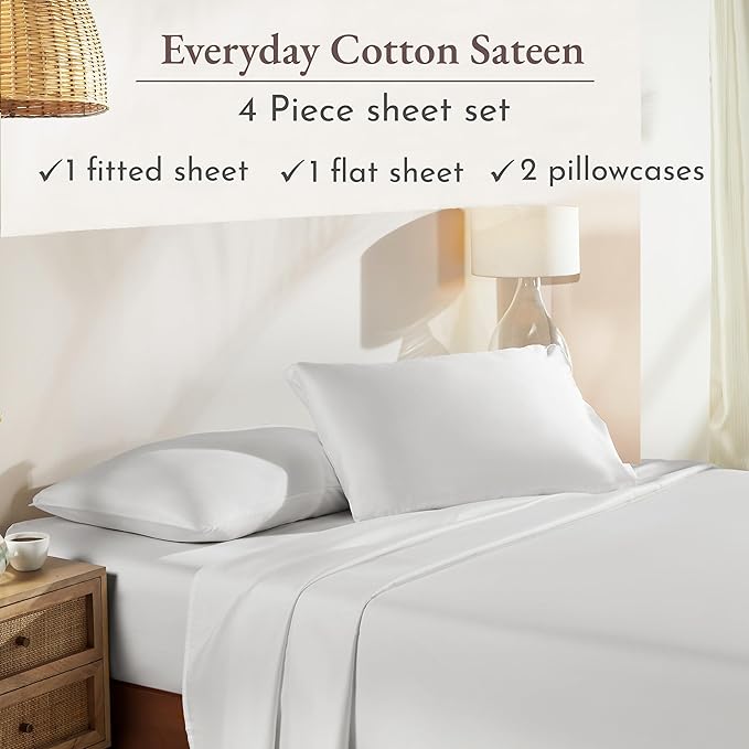 California Design Den Deep Pocket Queen Sheets Set - Natural 100% Cotton Sheets Queen Size Bed Set, Soft Sateen Weave, Breathable and Durable Bedding Ivory (Eggshell)