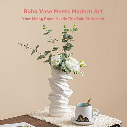 White Ceramic Vase with Spiral Wave Texture - 10" Unique Flower Vase for Pampas Grass & Centerpieces, Decorative Boho/Farmhouse Vase for Living Room, Office Desk & Housewarming Gift (for Her/Yourself)