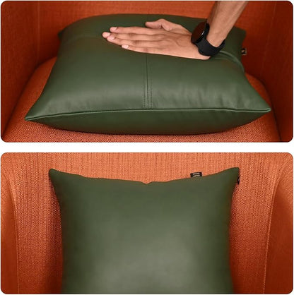 LL LEATHER LOVERS Lambskin Leather Pillow Cover, Hand Panel Stitched Leather Decorative Throw Pillow Covers for Couch Sofa Bed Living Room Garden (14x14 Inches, Dark Green Pack of 2)
