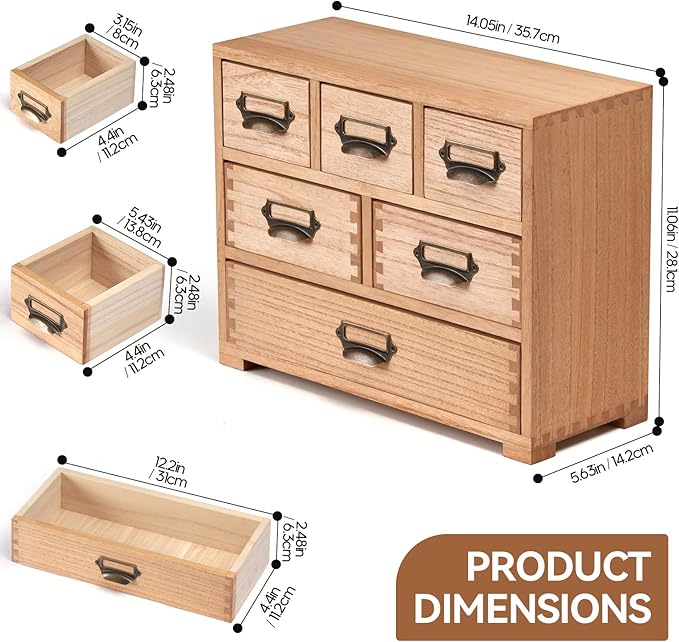 KIRIGEN Desk Drawer Cabinet Storage Organizer 6 Drawers Mini Chest with Lable Holder Handles for Home Office Desktop Organizer and Storage Natural(3D6CG-NA)