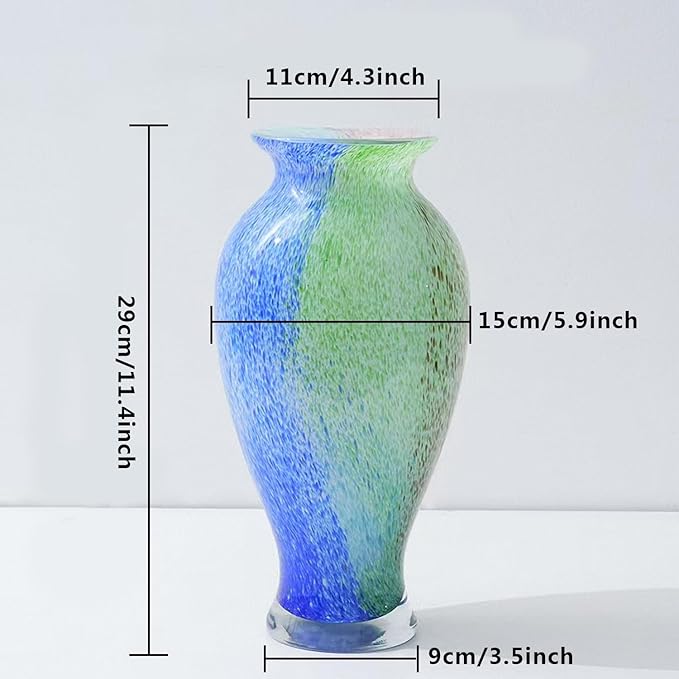 Hand Blown Glass Vase, 11.4" Tall, Murano-Style Art, Multicolor, Abstract, Oblong Shape, Perfect for Living Room, Bathroom, Wedding, Graduation, Mother's Day, Women
