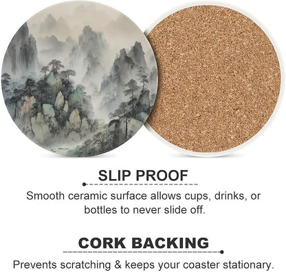 Round-6PCS Forest Ceramic Coasters, Round Absorbent Drink Coasters, Watercolor Japan China Style Nature Mountain Woodland Green Forest Ceramic Table Coasters for Coffee, Beverage, Wine, Beer Coasters