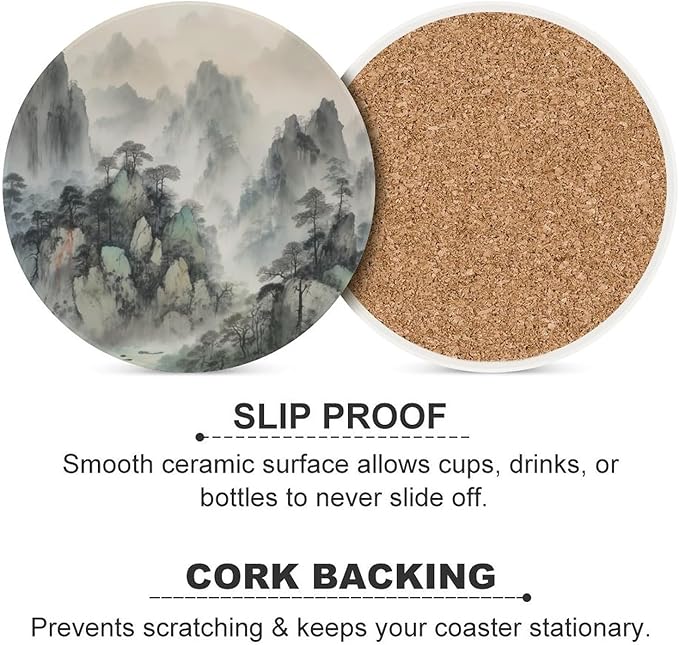 Round-4PCS Forest Drink Coasters,Modern Ceramic Absorbent Coasters, Watercolor Japan China Style Nature Mountain Woodland Green Forest Decor Desk Coffee Table Coaster for Beverage Cup Tea Coasters