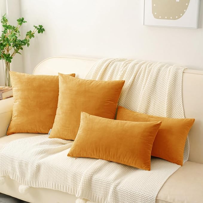 HWY 50 Orange Velvet Throw Pillow Covers 20x20 Inch, Pack of 2 Soft Cozy Solid Decorative Fall Luxury Cushion Cases for Couch Sofa Bed Living Room Bedroom