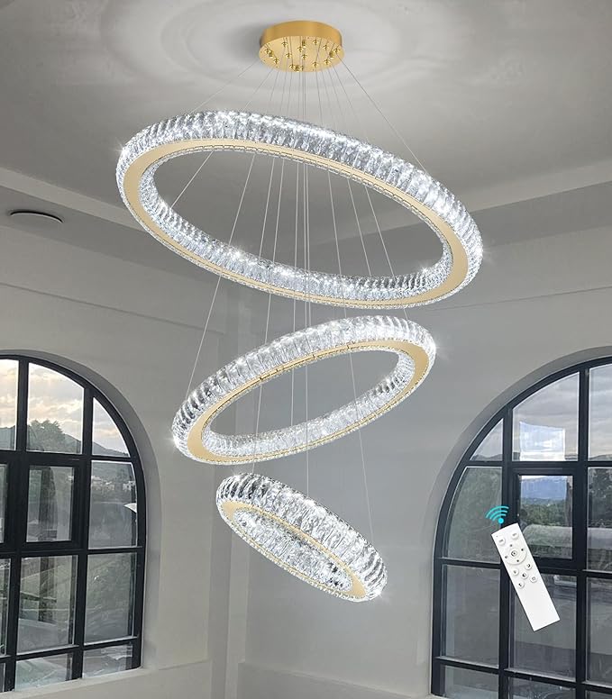3 Rings Chandelier Modern Dimmable High Ceiling Large Ring Chanderliers Entryway Crystal Pendant Lights for Entryway Foyer Living Room Gold Light