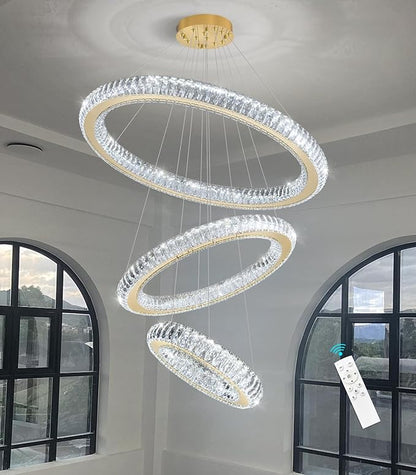 3 Rings Chandelier Modern Dimmable High Ceiling Large Ring Chanderliers Entryway Crystal Pendant Lights for Entryway Foyer Living Room Gold Light