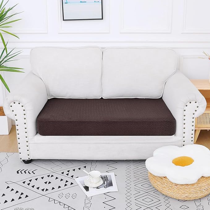 Smiry Waterproof Couch Cushion Covers, Stretch Jacquard Thick Sofa Cushion Covers, Washable Seat Slipcover Elastic Furniture Protector for Pets, Kid (Medium, Chocolate)