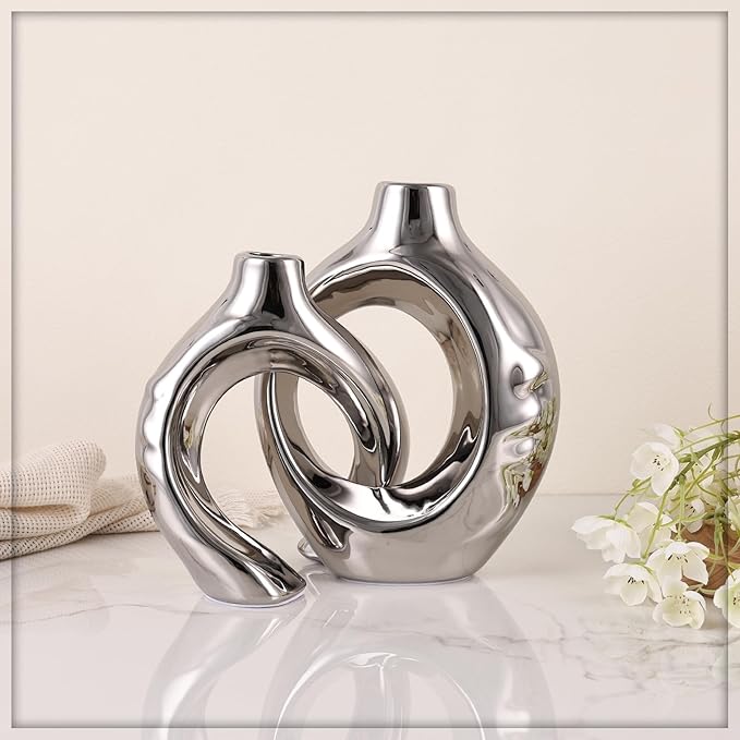 Silver Home Decor Ceramic Vase, Round Vase with Holes Set of 2, Suitable for Wedding Entrance Decoration, Bookshelf, Mantel, Unique Home Decor (Silver)