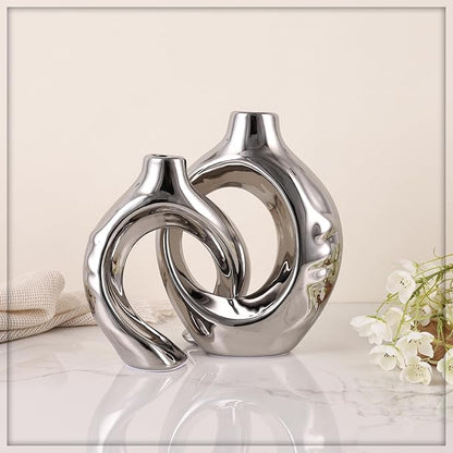 Silver Home Decor Ceramic Vase, Round Vase with Holes Set of 2, Suitable for Wedding Entrance Decoration, Bookshelf, Mantel, Unique Home Decor (Silver)