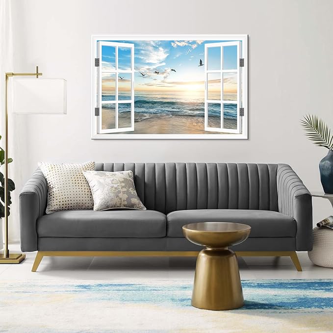 Goldfoilart Ocean Beach Sunset Window Canvas Wall Art for Bedroom Seagull Seascape Paintings Coastal Picture Framed Artwork for Bathroom Living Room Office Decor 36" x 24"
