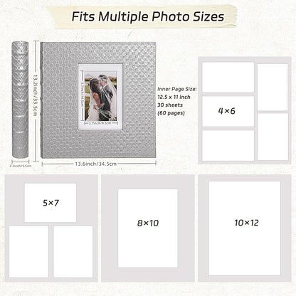 RECUTMS 60 Pages DIY Photo Albums with Sticky Pages Button Grain Leather Cover 4x6 5x7 8x10 Photos of Any Size, Wedding Photo Album Baby Picture Book Family Scrapbook Photo Album (Gray)