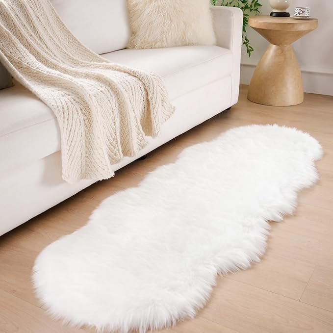 Faux Fur Rug Runner 2x6 ft White - Machine Washable Super Soft Plush Shaggy Fluffy Area Carpet,Sheepskin Rug Fuzzy Floor Mat for Bedroom, Sofa,Living Room, Bedside, Nursery & Kids Room