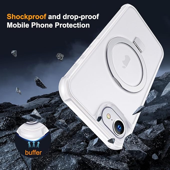 Compatible with iPhone 16E Case with Invisible Magnetic O-Ring Stand Military-Grade Phone Case for iPhone 16E 6.1" 2025 [Compatible with Mag-Safe][Great Grip Feeling],Translucent
