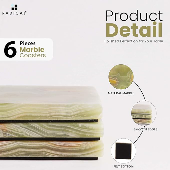 Radicaln Marble Coasters Square 3.5" Inches Green Onyx Handmade Modern Coasters for Drink, Stylish Drink Coaster for Dining Table Set for 6, Ideal Home Decor
