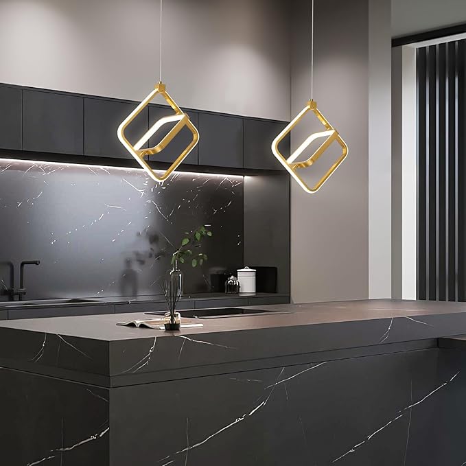 Modern LED Chandelier Gold Rectangular Pendant Light Fixtures 4000K 20W Dimmable Height Adjustable Pendant Lighting for Dining Room Kitchen Island Bedroom Living Room Foyer（2-Pack）
