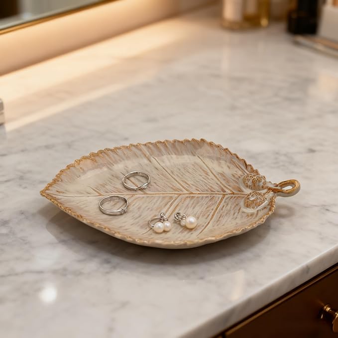 Ceramic Jewelry Dish, Decorative Tray for Rings Earrings Necklaces Bracelet Watch Keys, 4.50" Trinket Tray as Gifts for Women (Reactive Leaf)