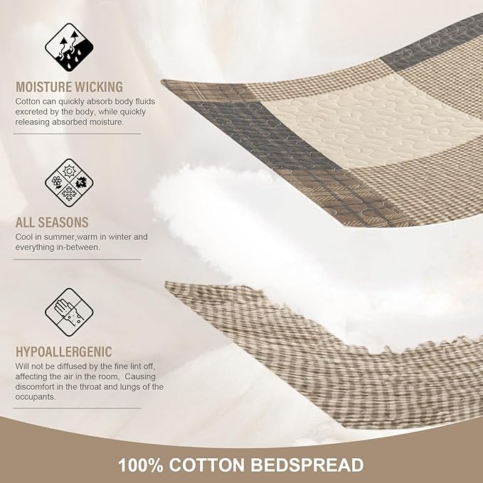 Oversized King Bedspread Quilt 128" x 120" Extra Wide, 100% Cotton Lightweight Quilted Bed Spreads Coverlet Set Farmhouse Bedding Cover, 3 Piece, Charcoal/Beige/Browm