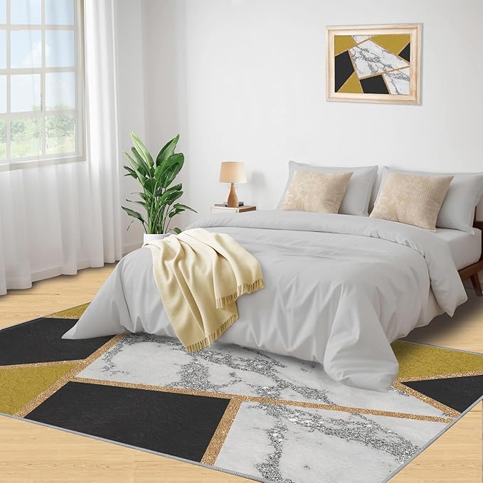 Geometric Area Rug Abstract Marble Texture Rugs Geometric Marble Area Carpet Simple Light Luxury Line Rug Machine Washable Rugs with Backing for Bedroom 3x5ft