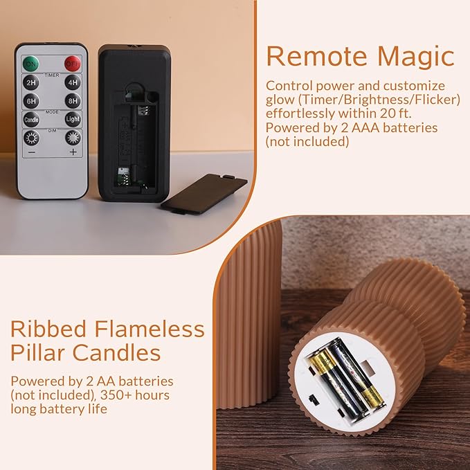 Brown Ribbed Flameless Pillar Candles with Remote, Real Wax Flickering Battery LED Candles Christmas Decor Gift Set of 2