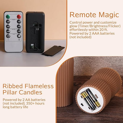 Brown Ribbed Flameless Pillar Candles with Remote, Real Wax Flickering Battery LED Candles Christmas Decor Gift Set of 2
