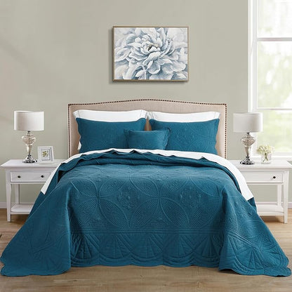 Oversized Bedspread - King Size Bedding Cover - Modern & Contemporary Coverlet Set, Real Stitching, Reversible, Lightweight, 5 Piece, Blue