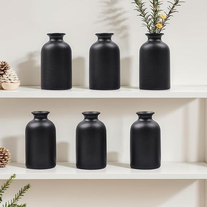 Black Ceramic Bud Vases Set of 6 – 5in Small Vases for Dry Flowers or House Plants, Modern Boho Decorative Vases for Wedding, Home, Table Centerpieces, Mantel or Office Decor