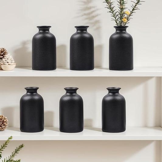 Black Ceramic Bud Vases Set of 6 – 5in Small Vases for Dry Flowers or House Plants, Modern Boho Decorative Vases for Wedding, Home, Table Centerpieces, Mantel or Office Decor