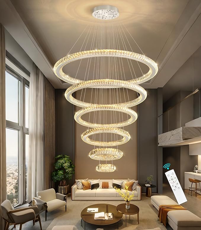 Modern Chandelier 8"+16"+24"+32"+40"+47" 6 Rings Crystal LED Dimmable Lighting Foyer Entryway High Ceiling Living Room Chanderliers Pendant Lights Fixtures Silver Light