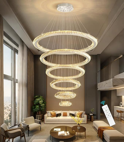 Modern Chandelier 8"+16"+24"+32"+40"+47" 6 Rings Crystal LED Dimmable Lighting Foyer Entryway High Ceiling Living Room Chanderliers Pendant Lights Fixtures Silver Light