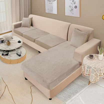 NAISI Sectional Couch Cover 4 Pieces Velvet Separate Couch Cushion Covers L Shape Soft Stretch Sofa Slipcovers with 2pcs Pillowcases for Left/Right Chaise Sectional Couch(3 Seater+1 Chaise,Taupe)
