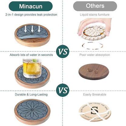 5 Pack Wood Coasters for Drinks, Minacun Absorbent Coaster Set, Drinks Coasters for Coffee Tabletop Protection, Non-Slip, Non-Stick, Suitable for Kinds of Cups Wooden Table Drink, 4.3 Inch Gray