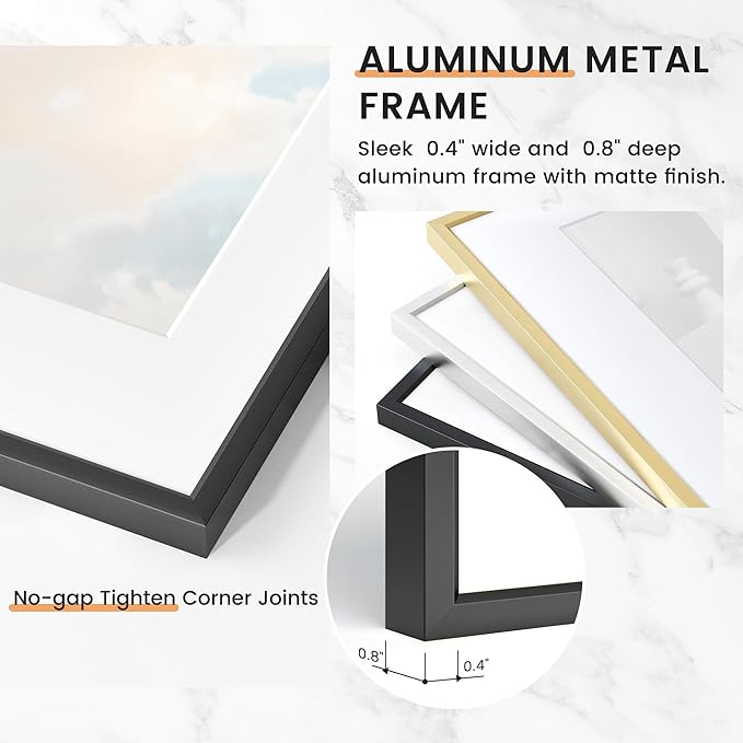 16x24 inch Metal Poster Frame - 16 x 24 Thin Aluminum Picture Frames Matted for 12x18 Photos, Artworks, Prints, Puzzle - High Definition Plexiglass - Vertical and Horizontal Display - Wall Hook Hanging Hardware Included - Black, 4 Pack