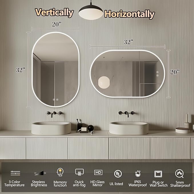 Niccy Oval LED Bathroom Vanity Mirror, 32"x20" Front lit Mirror with Light, Smart Anti-Fog Waterproof Mirror with Memory Function Dimmable Lighted Mirror