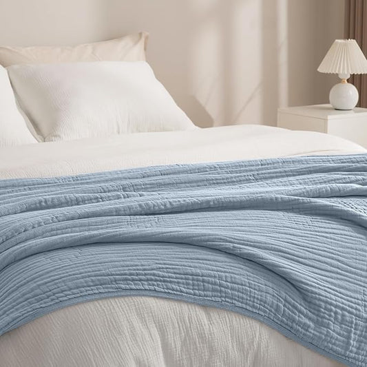PHF Cooling Muslin Blanket Twin Size 60"x80", 6-Layer Lightweight Gauze Blanket Made from 35% Rayon Derived from Bamboo & 65% Cotton, Breathable & Ultra Soft Cozy for Hot Sleepers, Dusty Blue