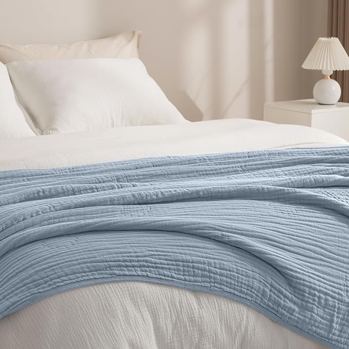 PHF Cooling Muslin Blanket Queen Size 90"x80", 6-Layer Lightweight Gauze Blanket Made from 35% Rayon Derived from Bamboo & 65% Cotton, Breathable & Ultra Soft Cozy for Hot Sleepers, Dusty Blue