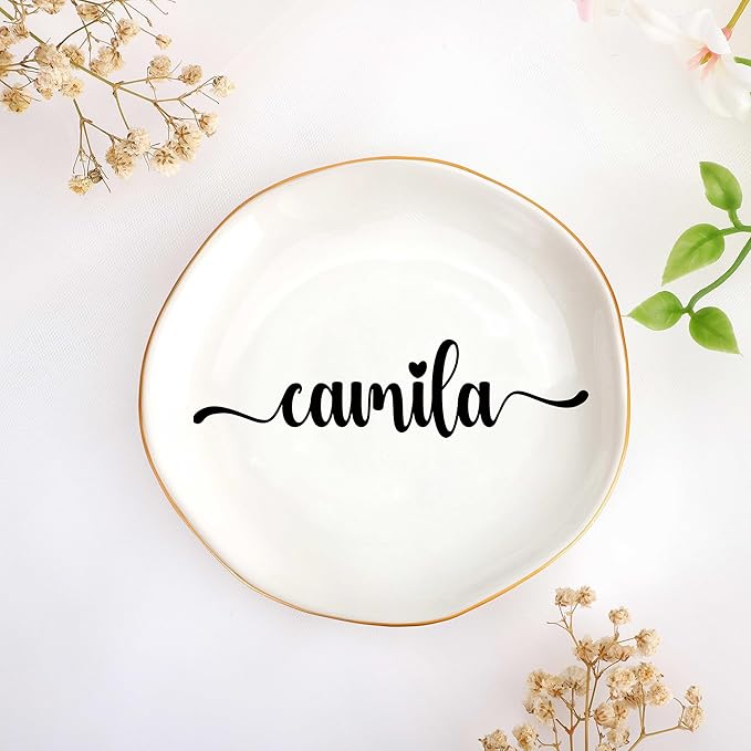 JoycuFF Camila Personalized Name Ceramic Tray, Mothers Day Christmas Anniversary Engagement Birthday Gifts for Women Couples, Trinket Dish for Rings Earrings Necklaces Bracelets Keys