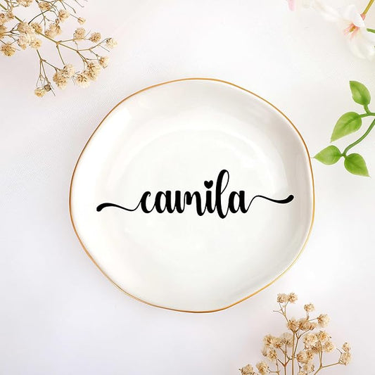 JoycuFF Camila Personalized Name Ceramic Tray, Mothers Day Christmas Anniversary Engagement Birthday Gifts for Women Couples, Trinket Dish for Rings Earrings Necklaces Bracelets Keys