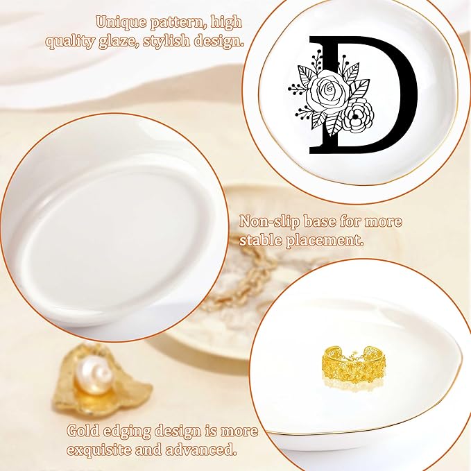 JoycuFF Initial D Ceramic Jewelry Tray, Bridesmaid Bride Gifts, Mothers Day Christmas Anniversary Engagement Birthday Gifts for Women Couples, Trinket Dish for Rings Earrings Necklaces Bracelets Keys