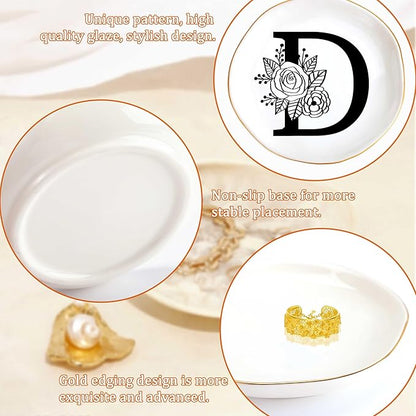 JoycuFF Initial D Ceramic Jewelry Tray, Bridesmaid Bride Gifts, Mothers Day Christmas Anniversary Engagement Birthday Gifts for Women Couples, Trinket Dish for Rings Earrings Necklaces Bracelets Keys
