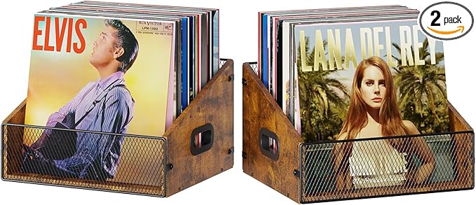 2-Pack Vinyl Record Storage, Record Box Case Crate with Handle, Vinyl Record Holder, Desktop Metal & Wooden LP Record Crate, Easy to Assemble