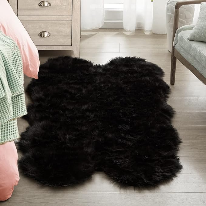 Black Shag Faux Fur 4x6 Area Rugs for Bedroom Washable Fuzzy Sheepskin Fur Rug for Living Room Nursery Rug