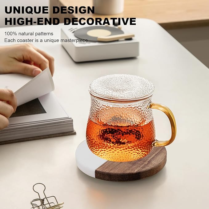 Marble Coasters: 4-Piece Set of Acacia Wood Marble Coasters, Suitable for Kitchens, Offices, and can be Used as Gifts (Round White)