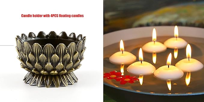 Lotus Flower Votive Tealight Candle Holder,Copper Buddhist Candlestick Holder,Tibetan Buddhist Water Offering Cup,Oil Lamp Holder for Meditation Buddha Altar with 4PCS Floating Canldes (Bronze)
